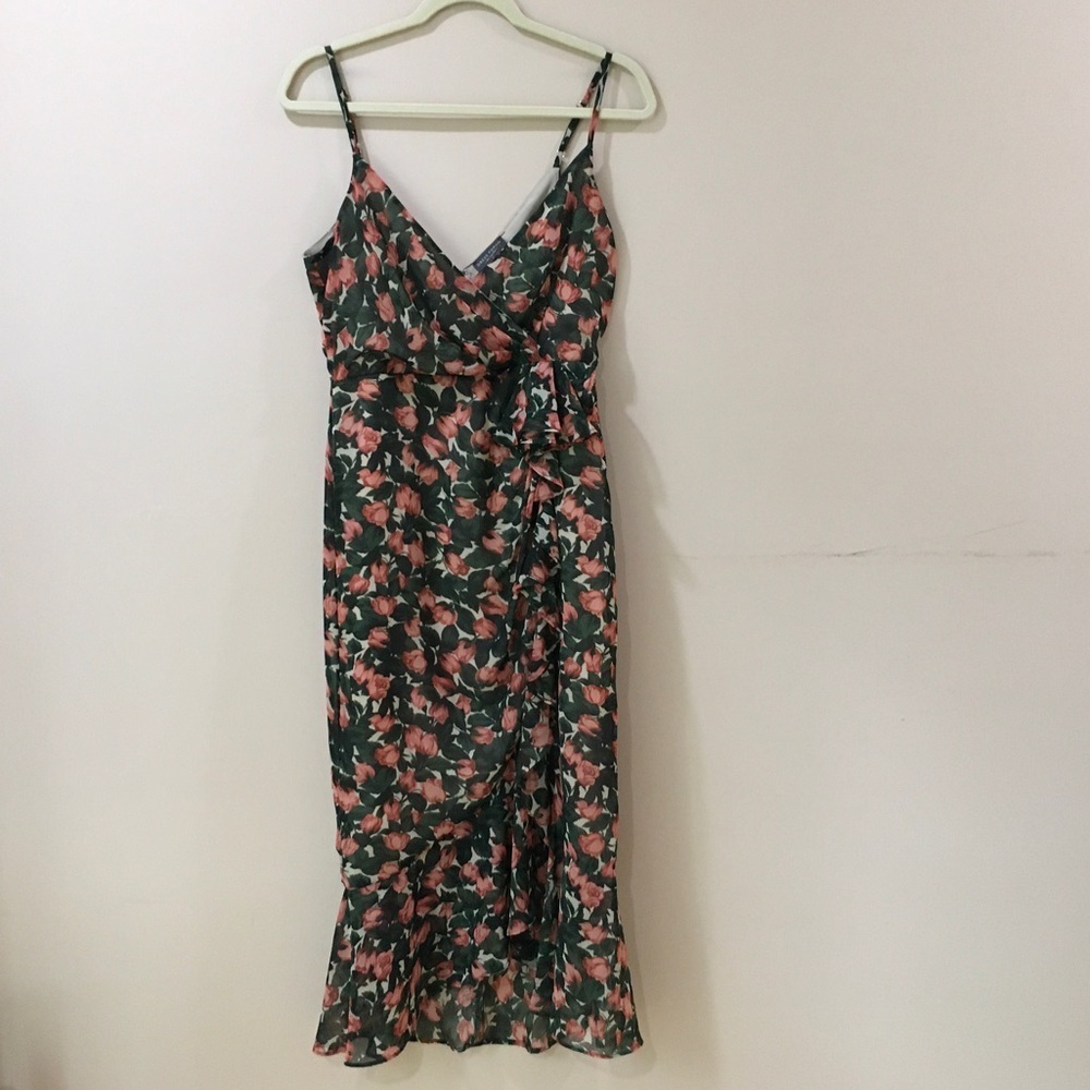 DRESS FORUM Midi Dress Wrap Floral Ruffle Cottagecore Womens Small Green Orange - Picture 2 of 7